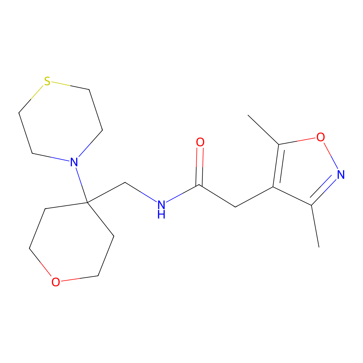 2-(3,5-dimethyl-1,2-oxazol-4-yl)-N-{[4-(thiomorpholin-4-yl)oxan-4-yl]methyl}acetamide molecular structure, CAS 2415489-61-9