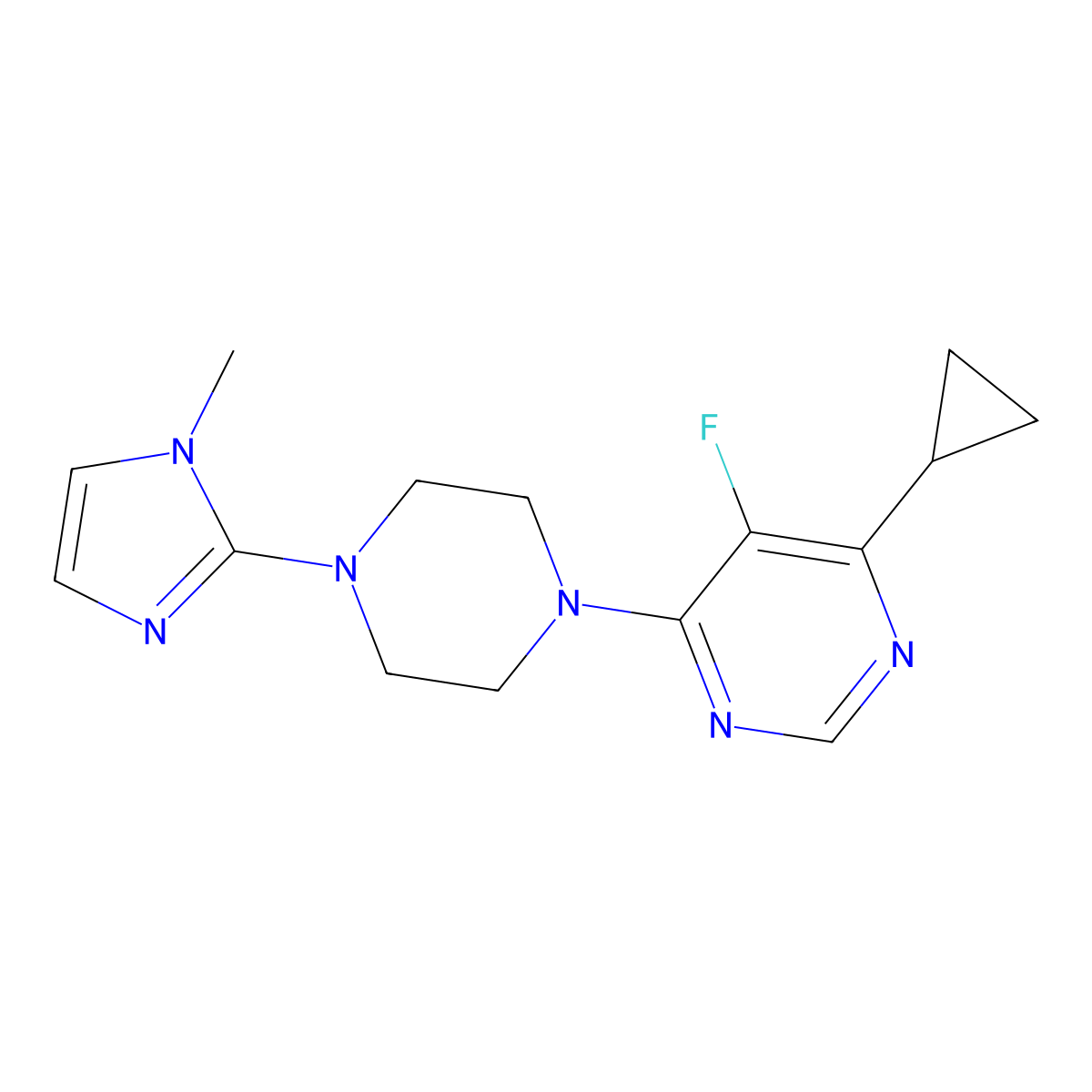 4-cyclopropyl-5-fluoro-6-[4-(1-methyl-1H-imidazol-2-yl)piperazin-1-yl]pyrimidine molecular structure, CAS 2415489-68-6