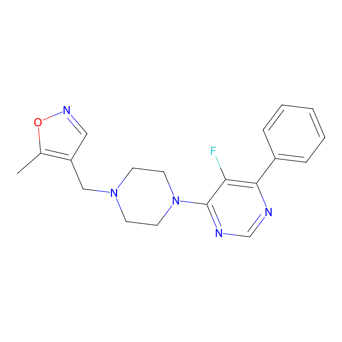 5-Fluoro-4-{4-[(5-methyl-1,2-oxazol-4-yl)methyl]piperazin-1-yl}-6-phenylpyrimidine molecular structure, CAS 2415489-77-7