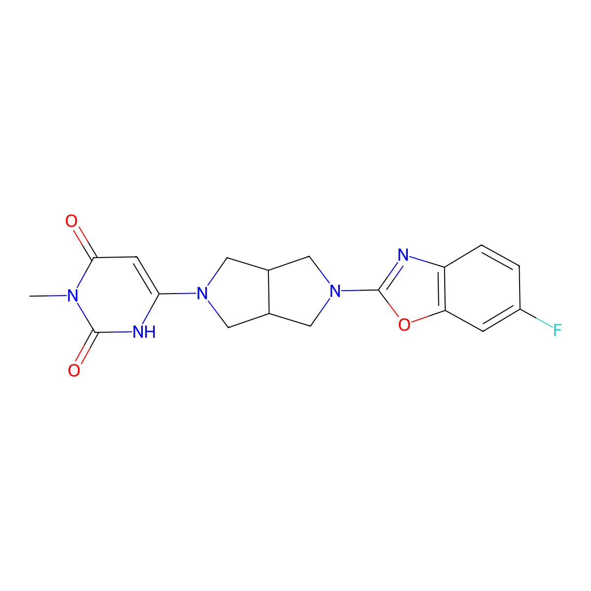 6-[5-(6-Fluoro-1,3-benzoxazol-2-yl)-octahydropyrrolo[3,4-c]pyrrol-2-yl]-3-methyl-1,2,3,4-tetrahydropyrimidine-2,4-dione molecular structure, CAS 2415489-80-2