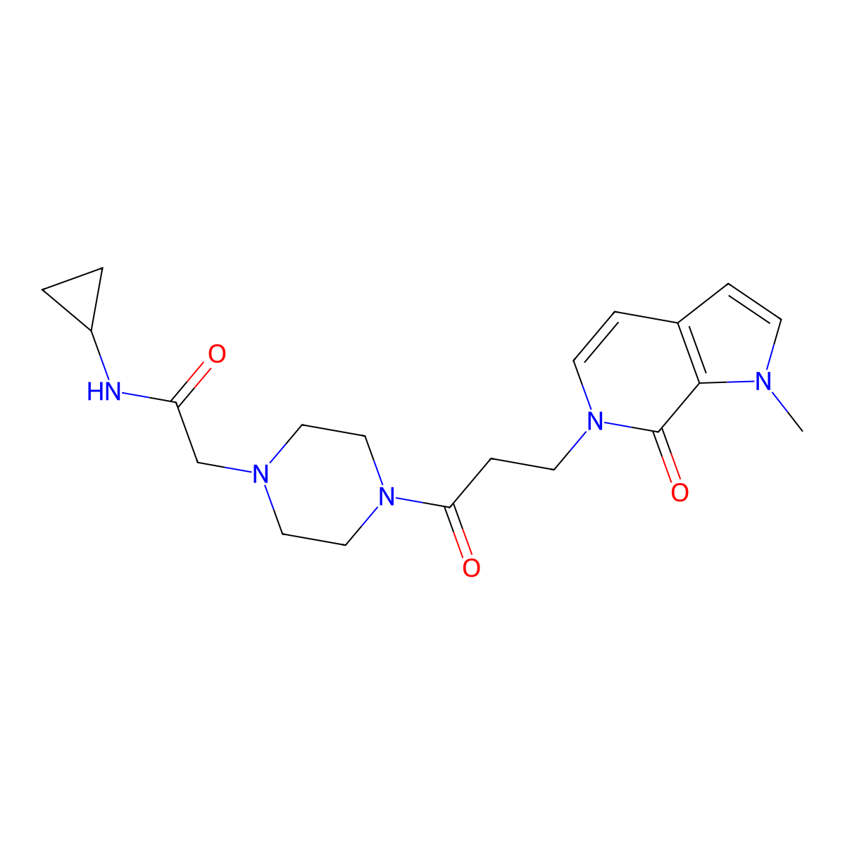 N-cyclopropyl-2-[4-(3-{1-methyl-7-oxo-1H,6H,7H-pyrrolo[2,3-c]pyridin-6-yl}propanoyl)piperazin-1-yl]acetamide molecular structure, CAS 2415489-82-4