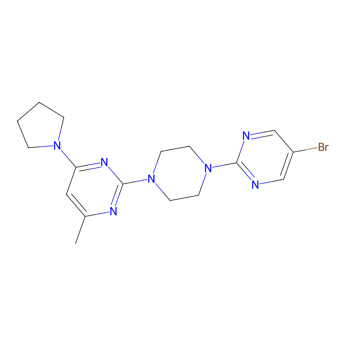 2-[4-(5-Bromopyrimidin-2-yl)piperazin-1-yl]-4-methyl-6-(pyrrolidin-1-yl)pyrimidine molecular structure, CAS 2415489-85-7
