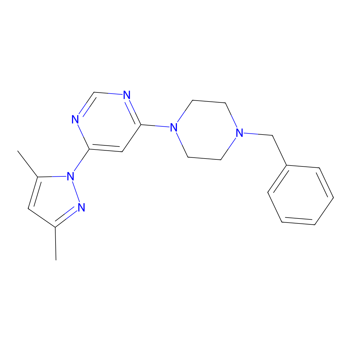 4-(4-benzylpiperazin-1-yl)-6-(3,5-dimethyl-1H-pyrazol-1-yl)pyrimidine molecular structure, CAS 2415489-94-8