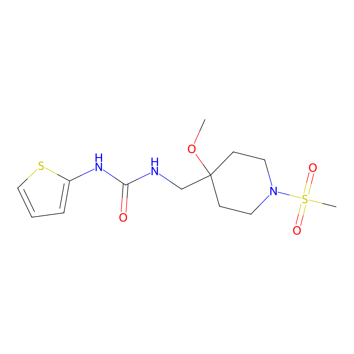 1-[(1-Methanesulfonyl-4-methoxypiperidin-4-yl)methyl]-3-(thiophen-2-yl)urea molecular structure, CAS 2415490-04-7