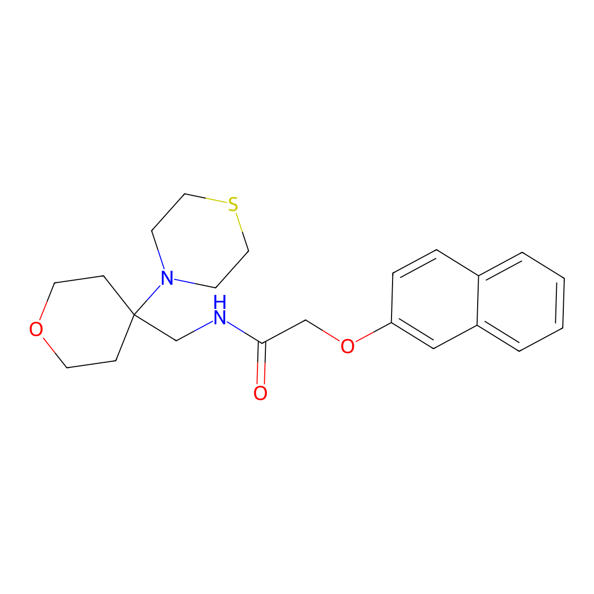 2-(naphthalen-2-yloxy)-N-{[4-(thiomorpholin-4-yl)oxan-4-yl]methyl}acetamide molecular structure, CAS 2415490-07-0