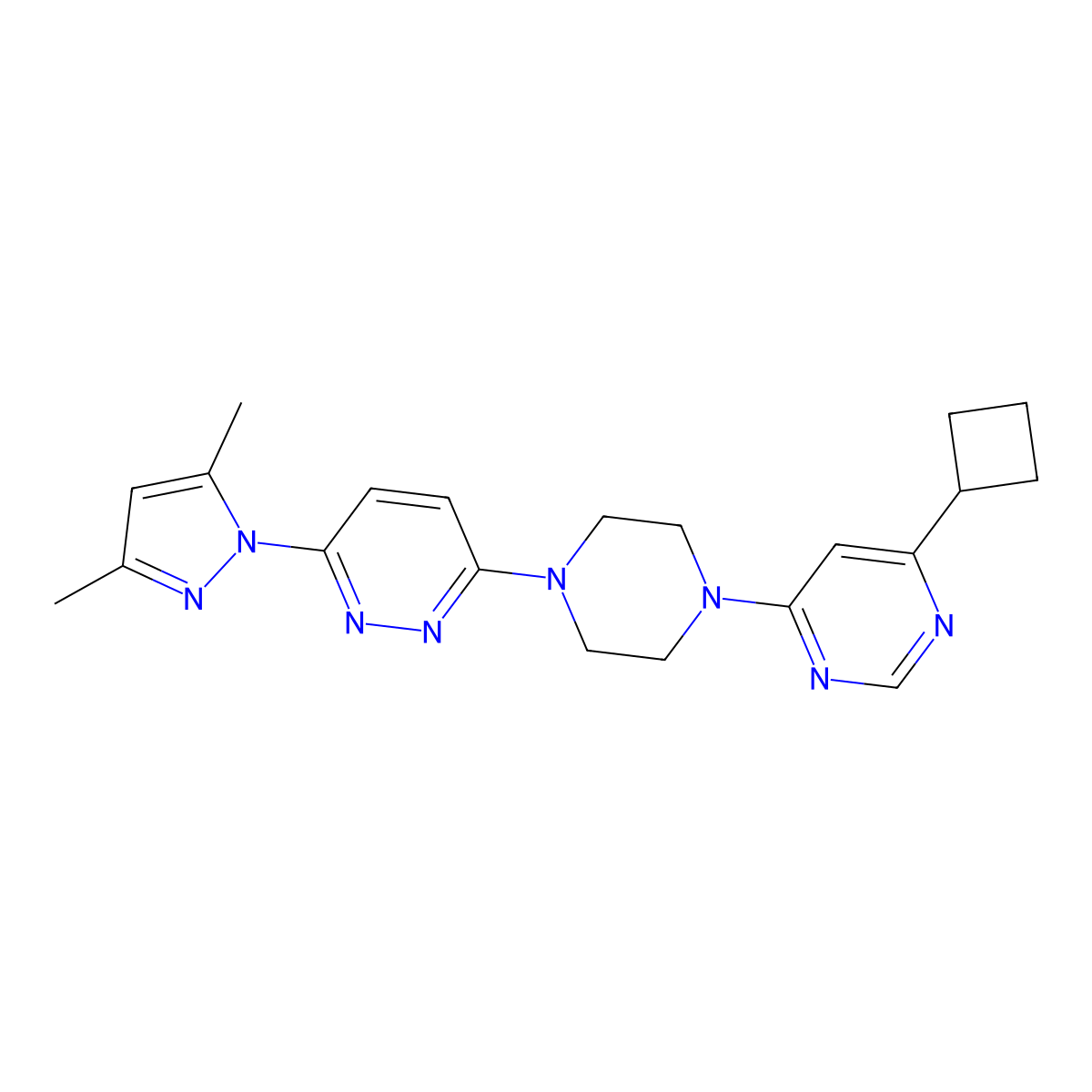 3-[4-(6-cyclobutylpyrimidin-4-yl)piperazin-1-yl]-6-(3,5-dimethyl-1H-pyrazol-1-yl)pyridazine molecular structure, CAS 2415490-15-0