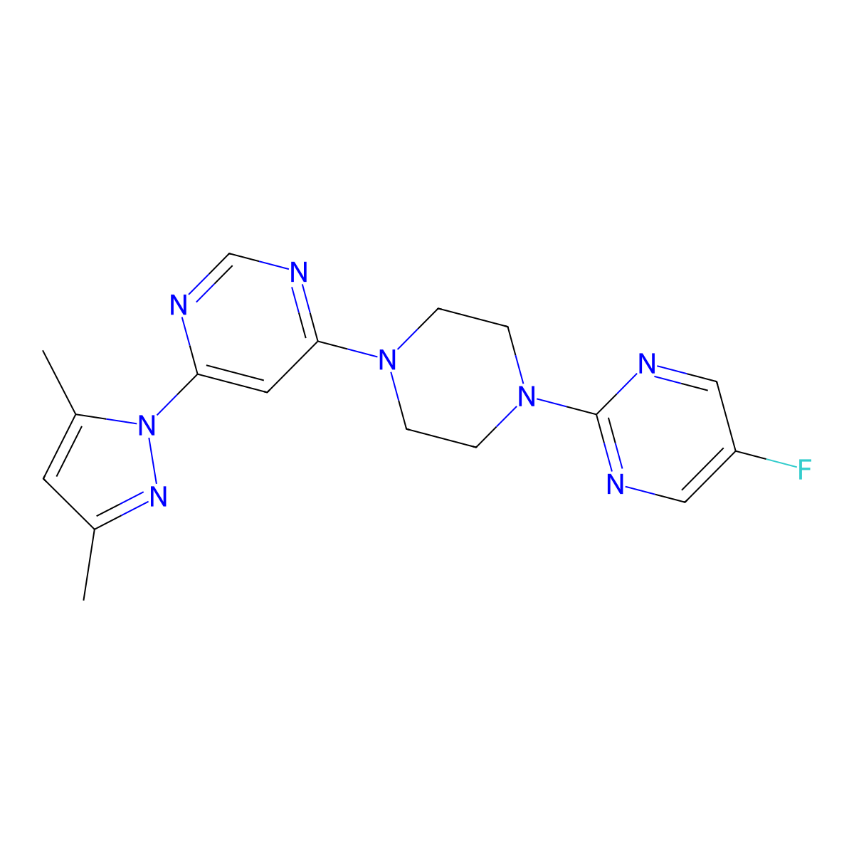 4-(3,5-dimethyl-1H-pyrazol-1-yl)-6-[4-(5-fluoropyrimidin-2-yl)piperazin-1-yl]pyrimidine molecular structure, CAS 2415490-16-1