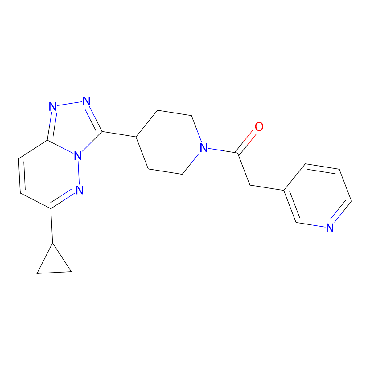 1-(4-{6-Cyclopropyl-[1,2,4]triazolo[4,3-b]pyridazin-3-yl}piperidin-1-yl)-2-(pyridin-3-yl)ethan-1-one molecular structure, CAS 2415490-24-1
