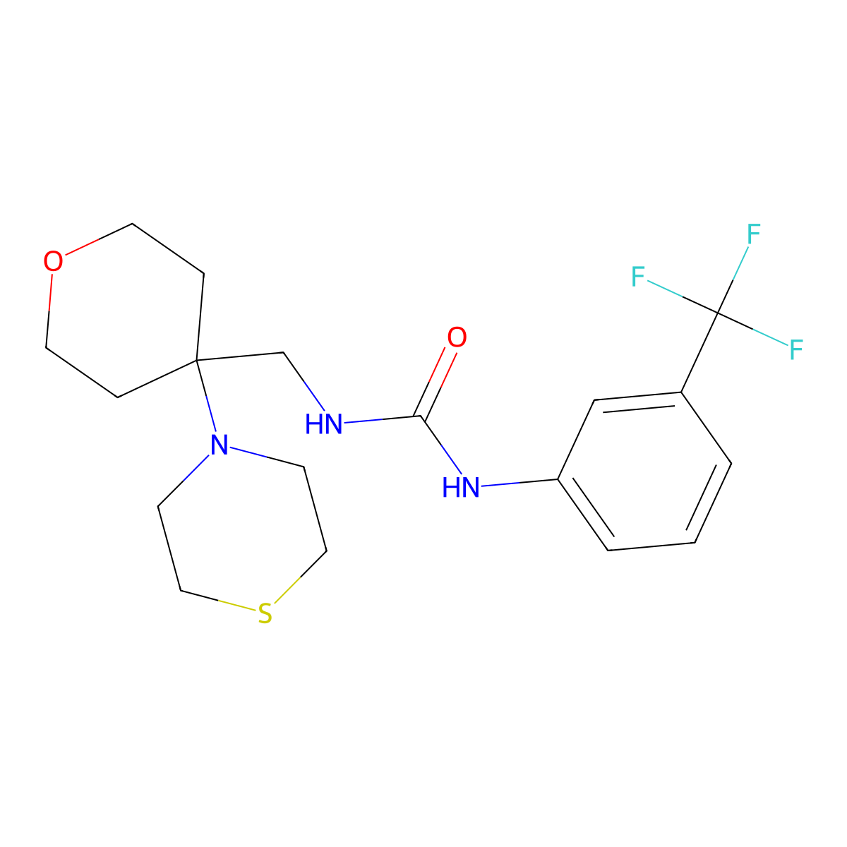 3-{[4-(Thiomorpholin-4-yl)oxan-4-yl]methyl}-1-[3-(trifluoromethyl)phenyl]urea molecular structure, CAS 2415490-29-6