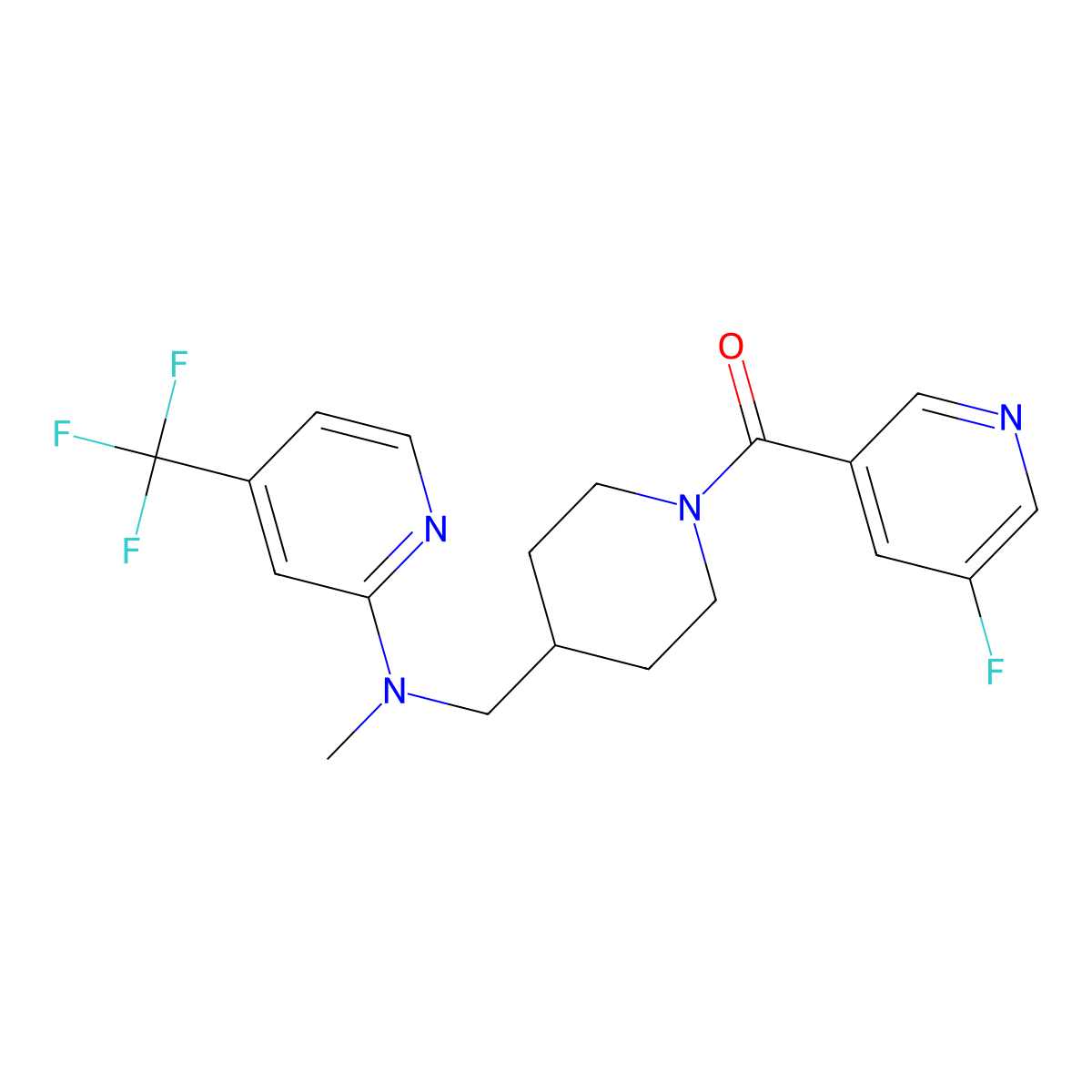 N-{[1-(5-fluoropyridine-3-carbonyl)piperidin-4-yl]methyl}-N-methyl-4-(trifluoromethyl)pyridin-2-amine molecular structure, CAS 2415490-35-4