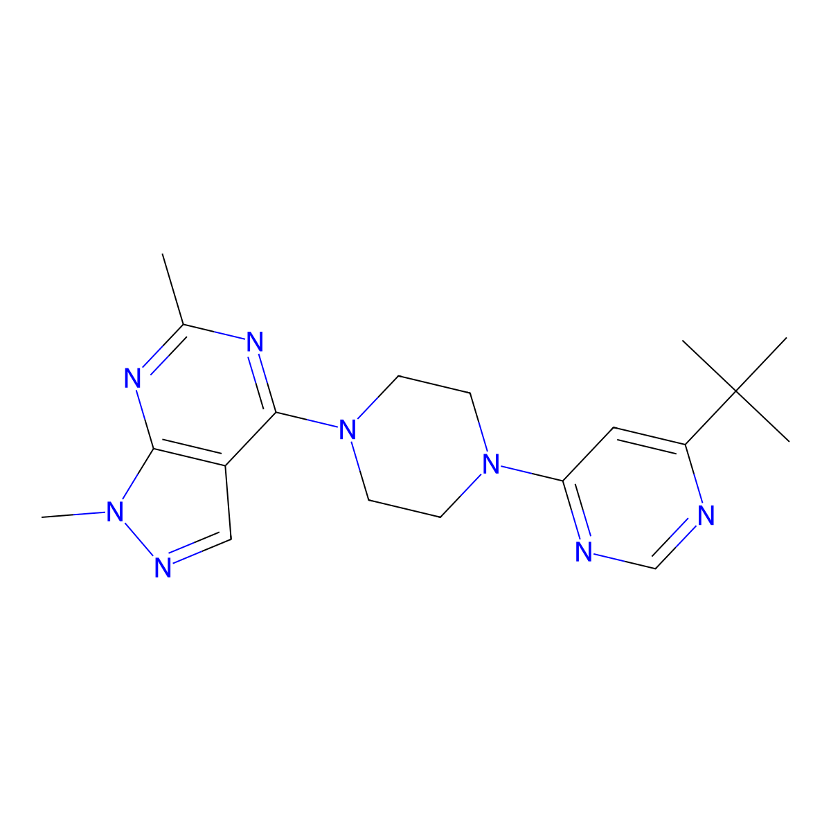 4-tert-butyl-6-(4-{1,6-dimethyl-1H-pyrazolo[3,4-d]pyrimidin-4-yl}piperazin-1-yl)pyrimidine molecular structure, CAS 2415490-37-6