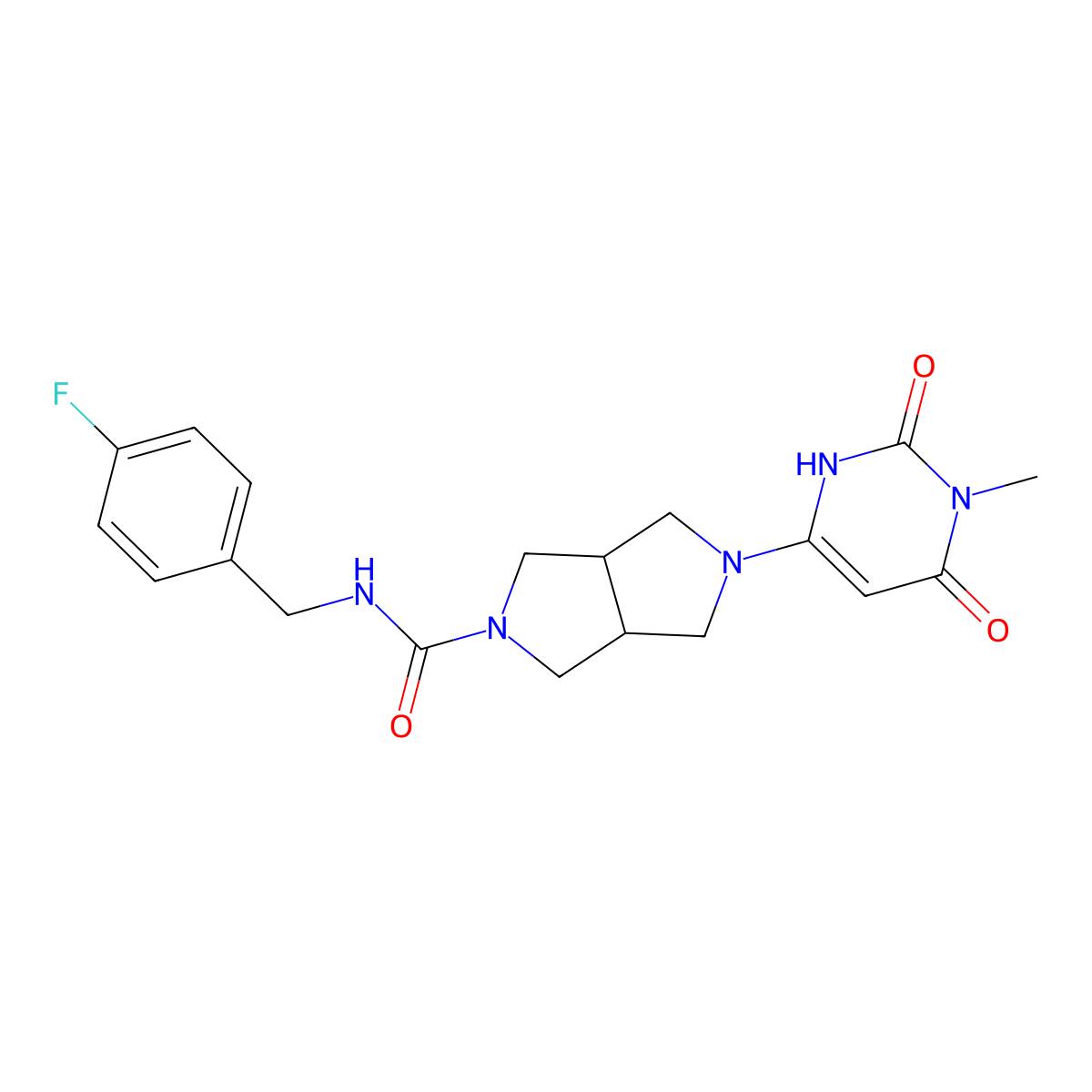 N-[(4-fluorophenyl)methyl]-5-(1-methyl-2,6-dioxo-1,2,3,6-tetrahydropyrimidin-4-yl)-octahydropyrrolo[3,4-c]pyrrole-2-carboxamide molecular structure, CAS 2415490-38-7