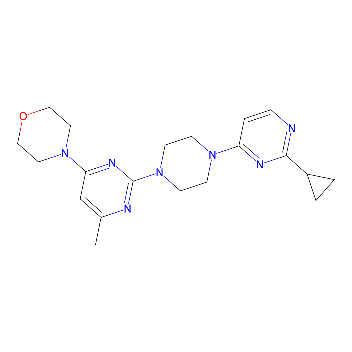 4-{2-[4-(2-Cyclopropylpyrimidin-4-yl)piperazin-1-yl]-6-methylpyrimidin-4-yl}morpholine molecular structure, CAS 2415490-43-4