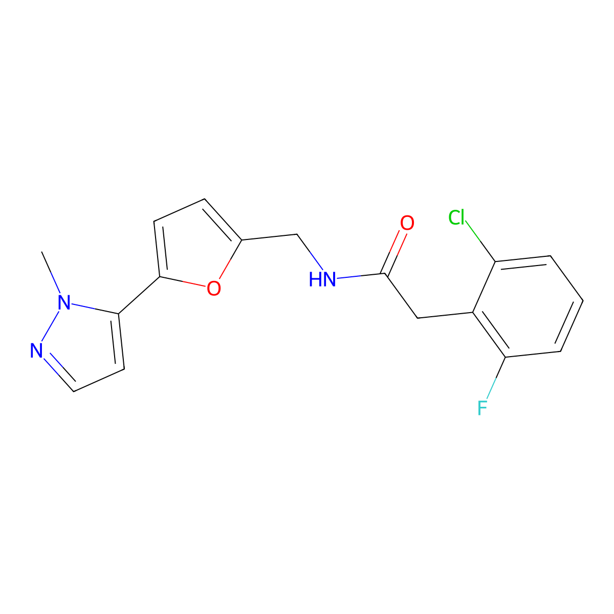 2-(2-chloro-6-fluorophenyl)-N-{[5-(1-methyl-1H-pyrazol-5-yl)furan-2-yl]methyl}acetamide molecular structure, CAS 2415490-46-7