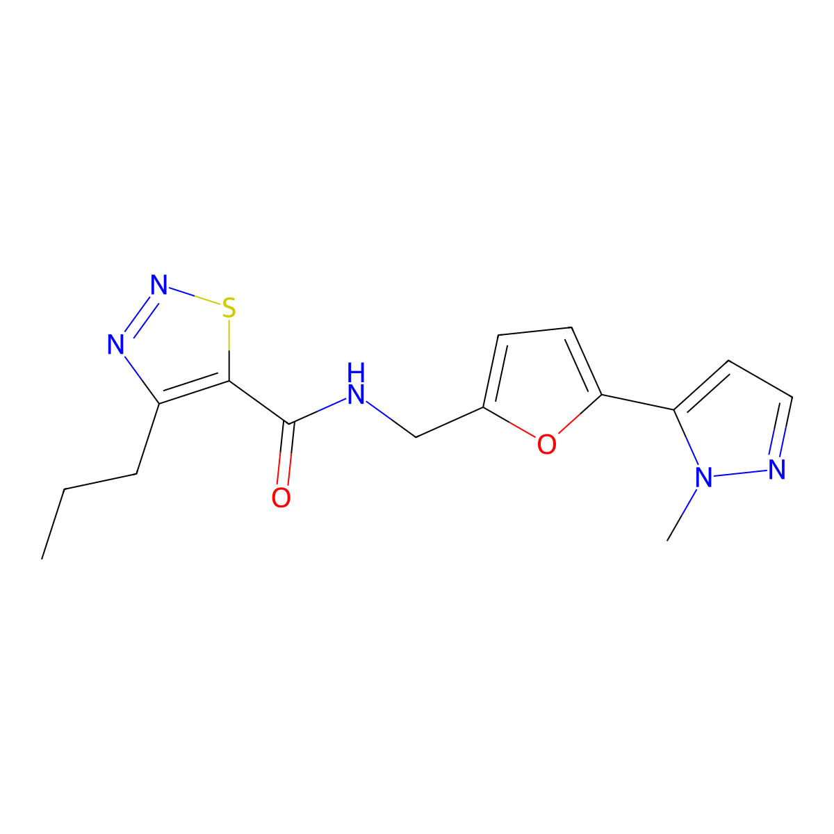 N-{[5-(1-methyl-1H-pyrazol-5-yl)furan-2-yl]methyl}-4-propyl-1,2,3-thiadiazole-5-carboxamide molecular structure, CAS 2415490-51-4