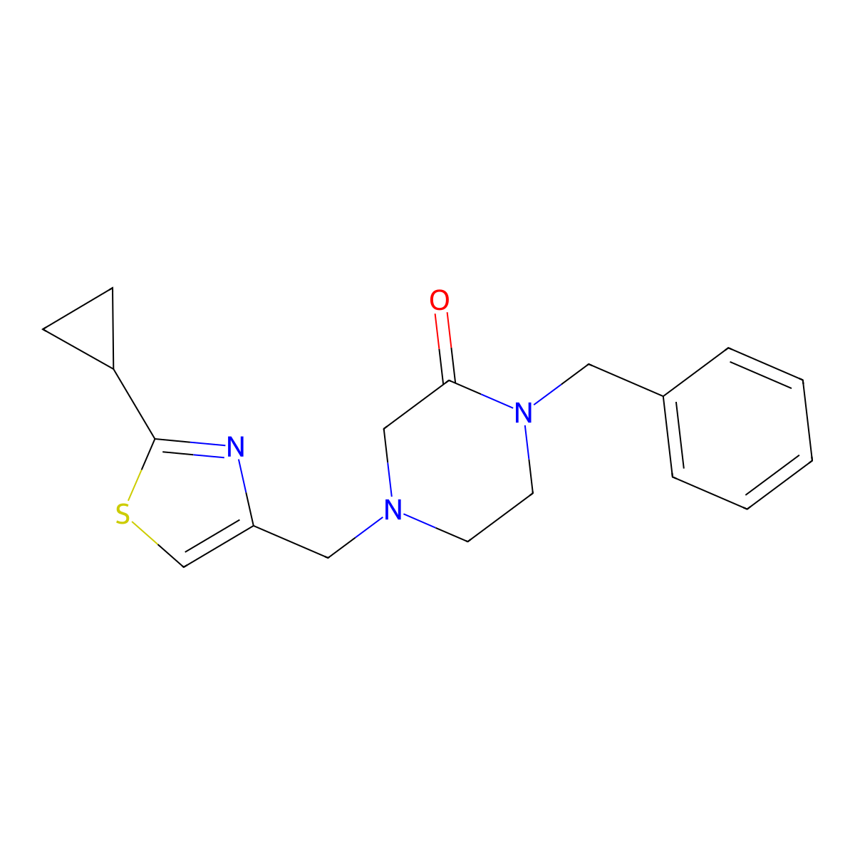 1-Benzyl-4-[(2-cyclopropyl-1,3-thiazol-4-yl)methyl]piperazin-2-one molecular structure, CAS 2415490-58-1