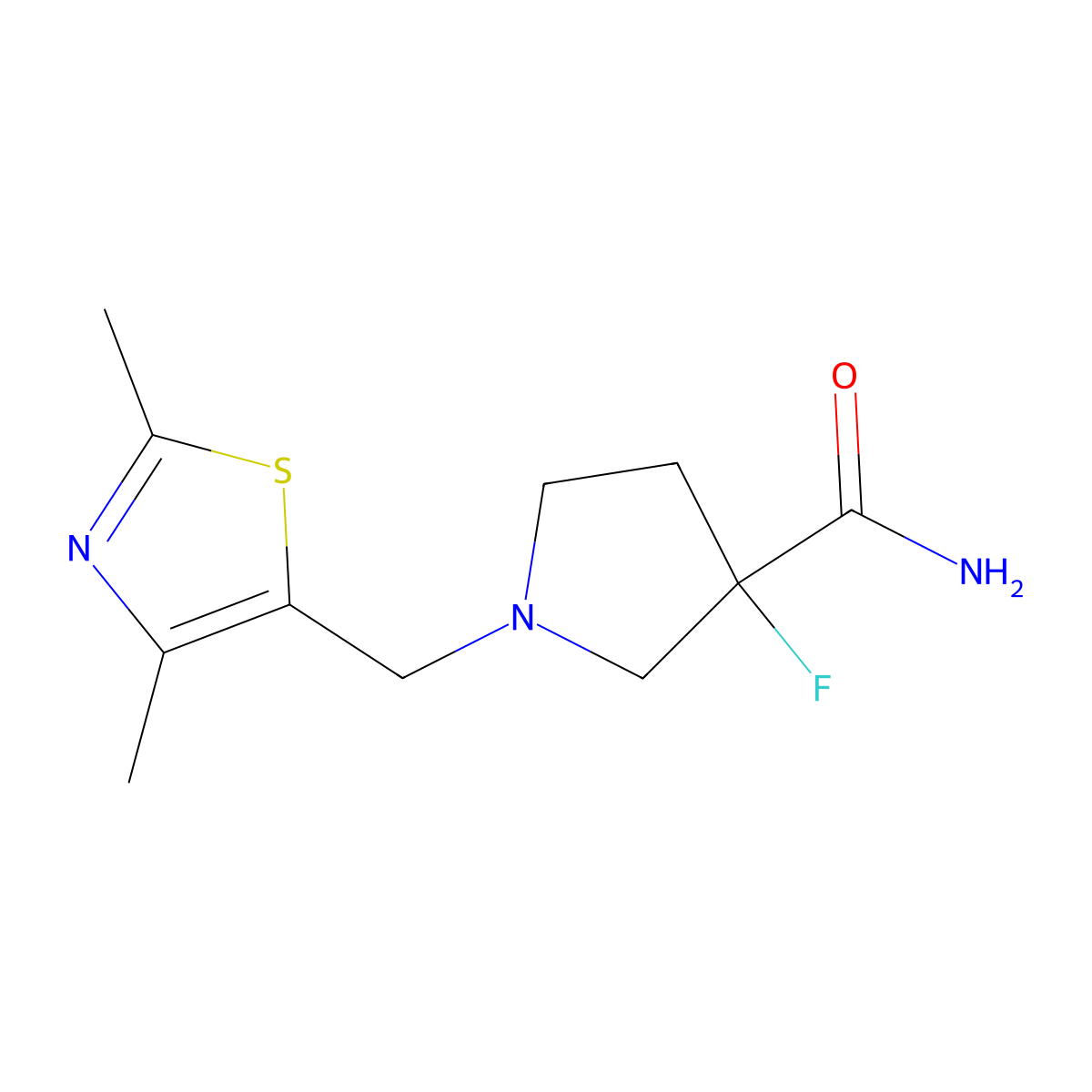 1-[(2,4-Dimethyl-1,3-thiazol-5-yl)methyl]-3-fluoropyrrolidine-3-carboxamide molecular structure, CAS 2415490-65-0