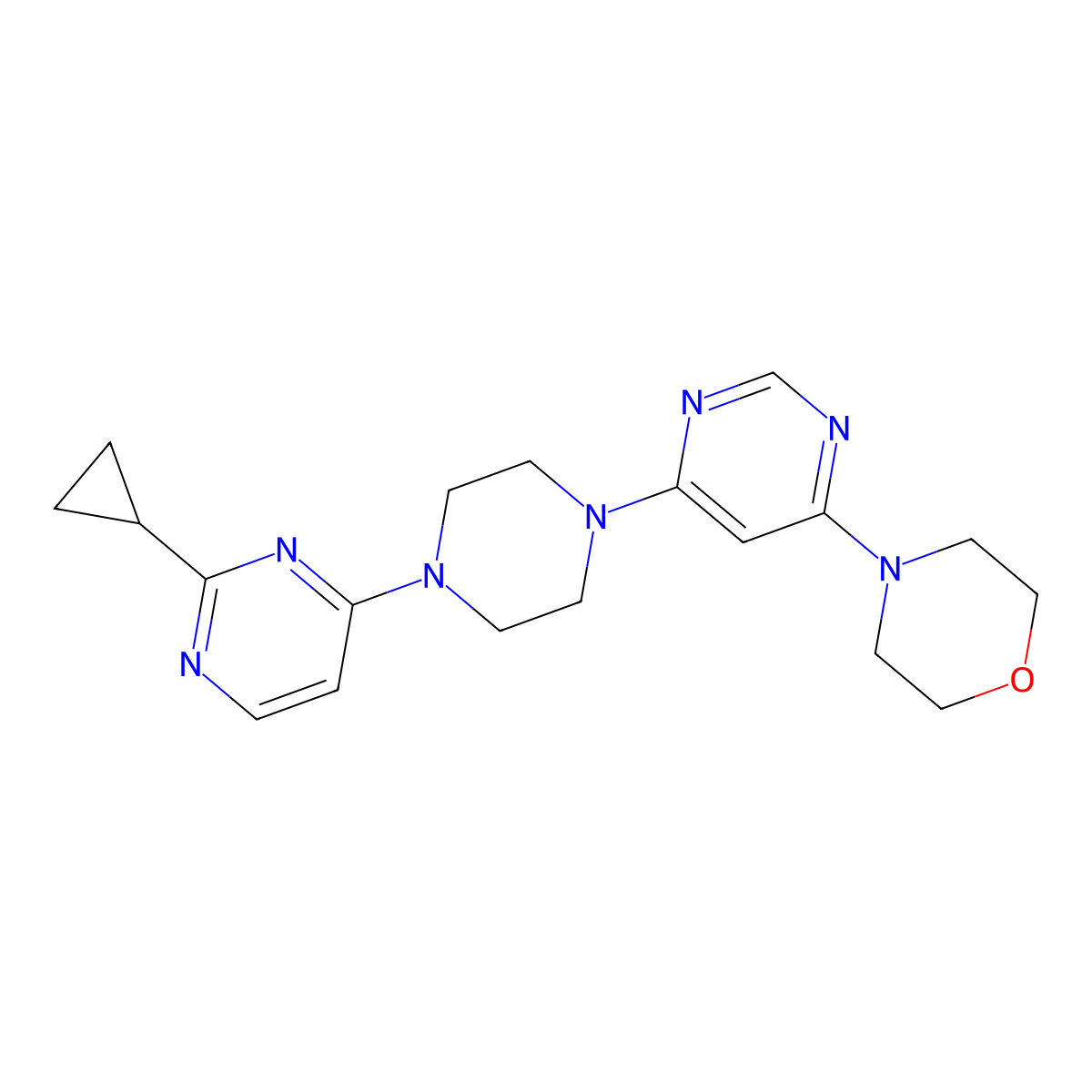 4-{6-[4-(2-Cyclopropylpyrimidin-4-yl)piperazin-1-yl]pyrimidin-4-yl}morpholine molecular structure, CAS 2415490-73-0