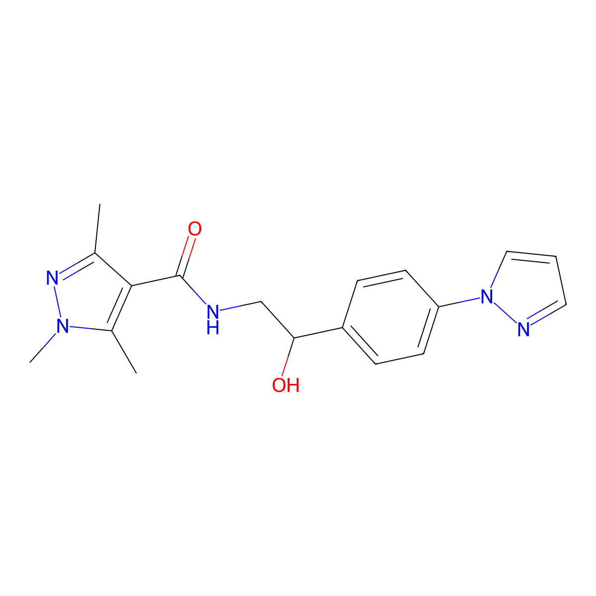 N-{2-hydroxy-2-[4-(1H-pyrazol-1-yl)phenyl]ethyl}-1,3,5-trimethyl-1H-pyrazole-4-carboxamide molecular structure, CAS 2415490-77-4