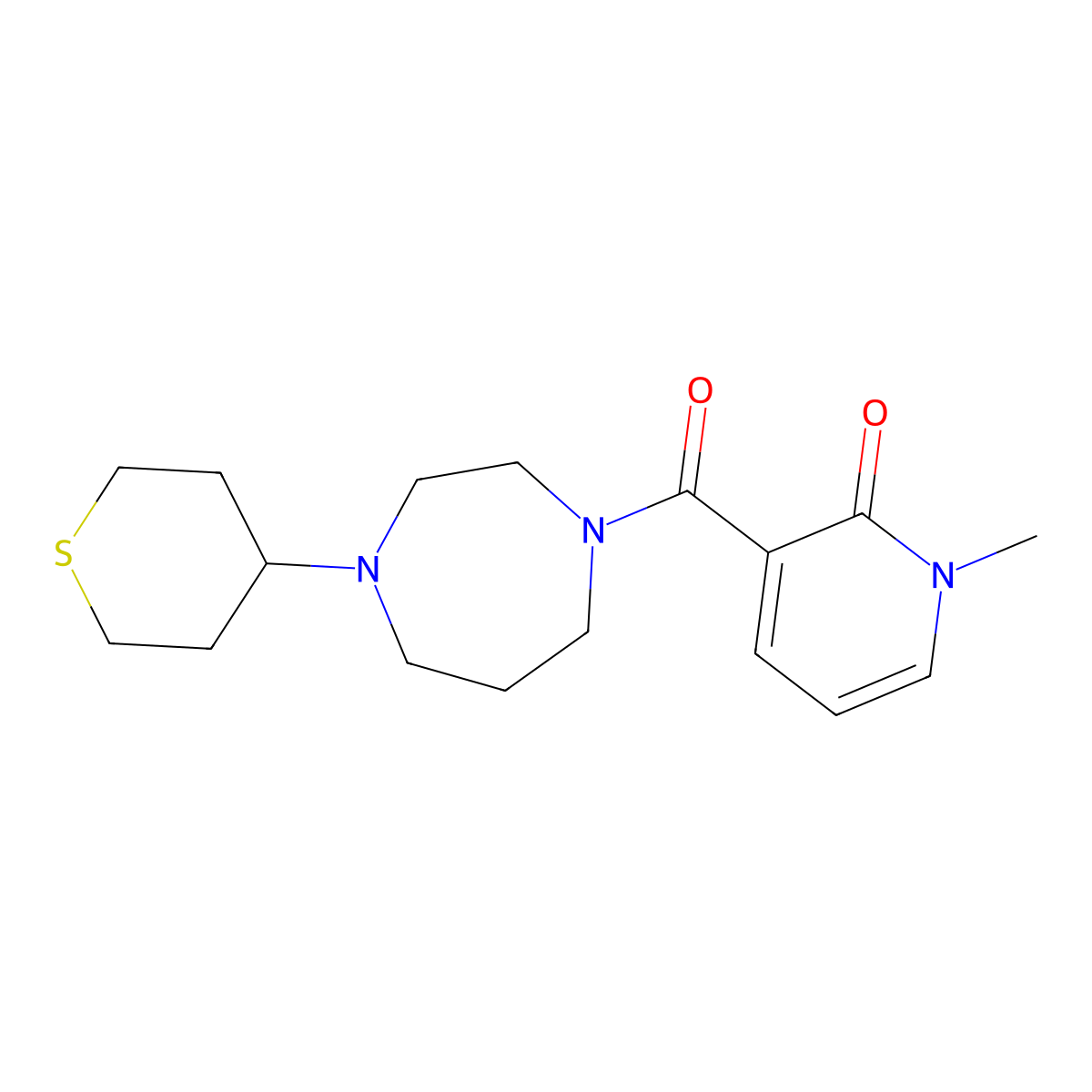 1-Methyl-3-[4-(thian-4-yl)-1,4-diazepane-1-carbonyl]-1,2-dihydropyridin-2-one molecular structure, CAS 2415490-80-9