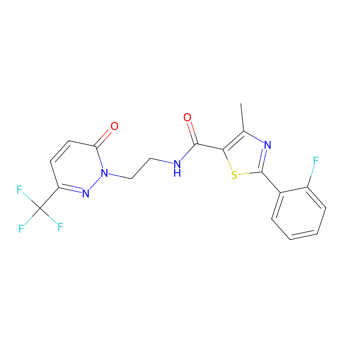 2-(2-fluorophenyl)-4-methyl-N-{2-[6-oxo-3-(trifluoromethyl)-1,6-dihydropyridazin-1-yl]ethyl}-1,3-thiazole-5-carboxamide molecular structure, CAS 2415490-83-2
