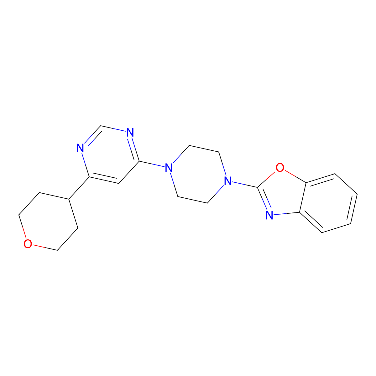2-{4-[6-(Oxan-4-yl)pyrimidin-4-yl]piperazin-1-yl}-1,3-benzoxazole molecular structure, CAS 2415490-84-3