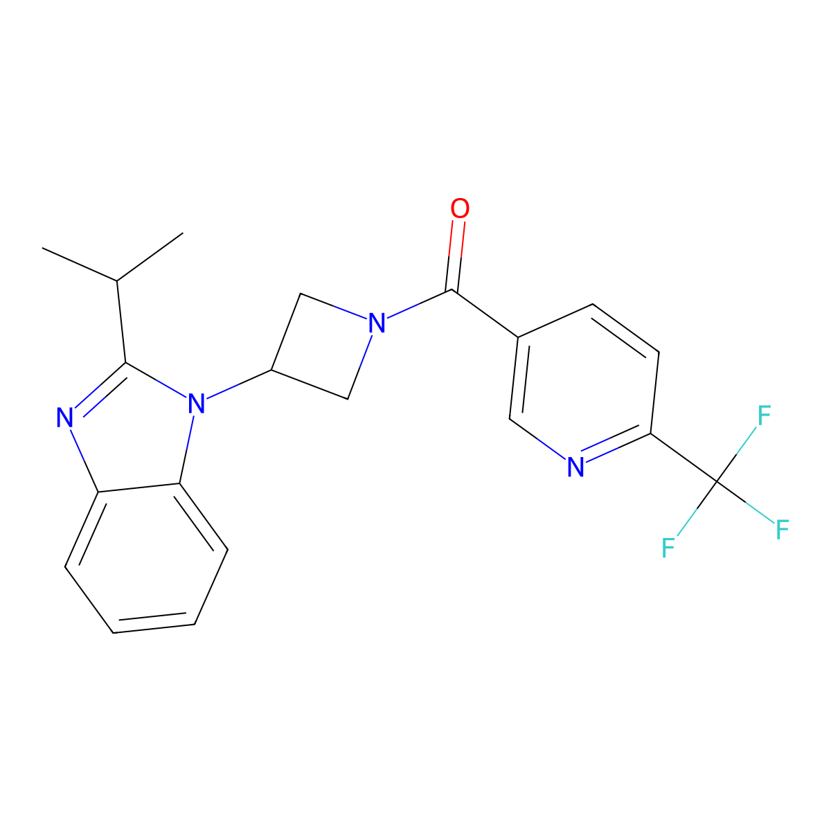 2-(propan-2-yl)-1-{1-[6-(trifluoromethyl)pyridine-3-carbonyl]azetidin-3-yl}-1H-1,3-benzodiazole molecular structure, CAS 2415490-97-8