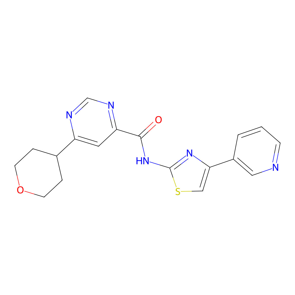 6-(oxan-4-yl)-N-[4-(pyridin-3-yl)-1,3-thiazol-2-yl]pyrimidine-4-carboxamide molecular structure, CAS 2415490-99-0