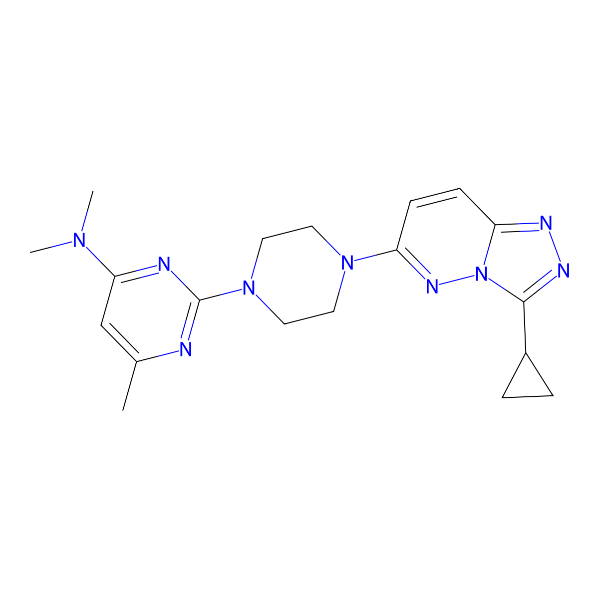 2-(4-{3-cyclopropyl-[1,2,4]triazolo[4,3-b]pyridazin-6-yl}piperazin-1-yl)-N,N,6-trimethylpyrimidin-4-amine molecular structure, CAS 2415491-03-9
