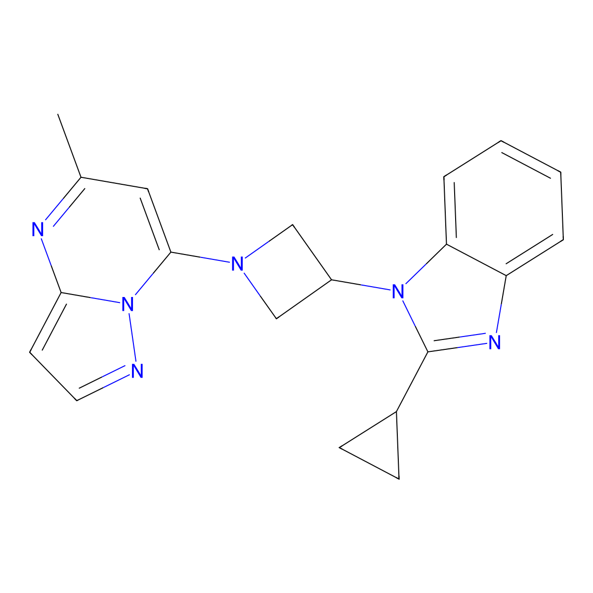 2-cyclopropyl-1-(1-{5-methylpyrazolo[1,5-a]pyrimidin-7-yl}azetidin-3-yl)-1H-1,3-benzodiazole molecular structure, CAS 2415491-04-0