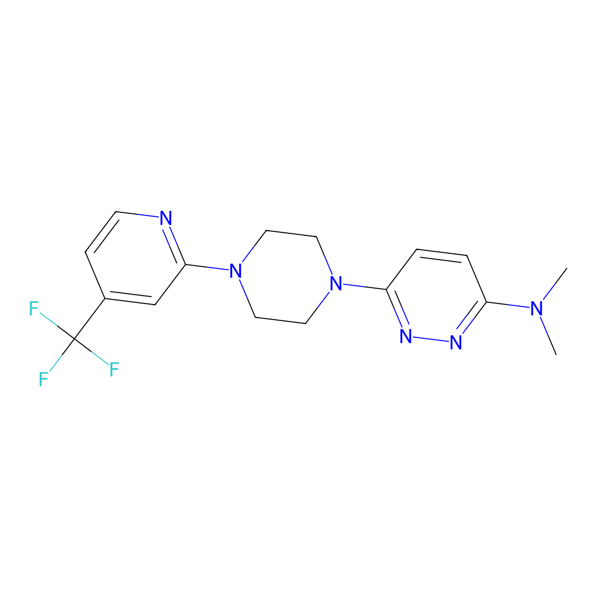 N,N-dimethyl-6-{4-[4-(trifluoromethyl)pyridin-2-yl]piperazin-1-yl}pyridazin-3-amine molecular structure, CAS 2415491-05-1