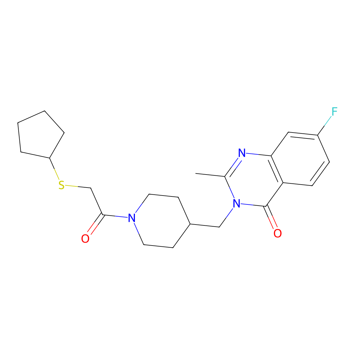 3-({1-[2-(Cyclopentylsulfanyl)acetyl]piperidin-4-yl}methyl)-7-fluoro-2-methyl-3,4-dihydroquinazolin-4-one molecular structure, CAS 2415491-06-2