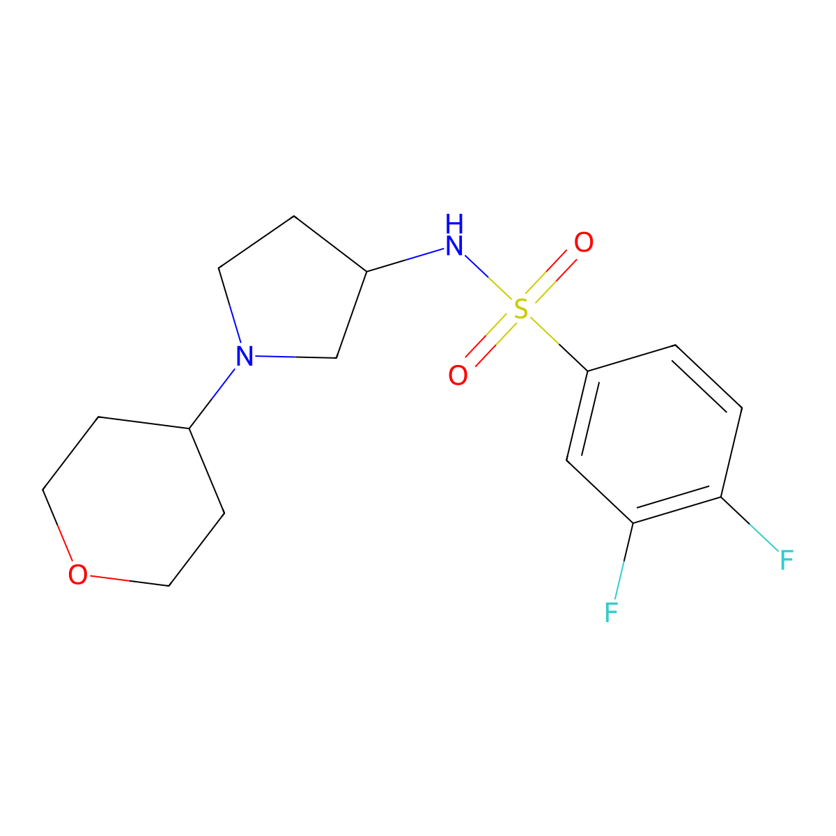 3,4-difluoro-N-[1-(oxan-4-yl)pyrrolidin-3-yl]benzene-1-sulfonamide molecular structure, CAS 2415491-08-4