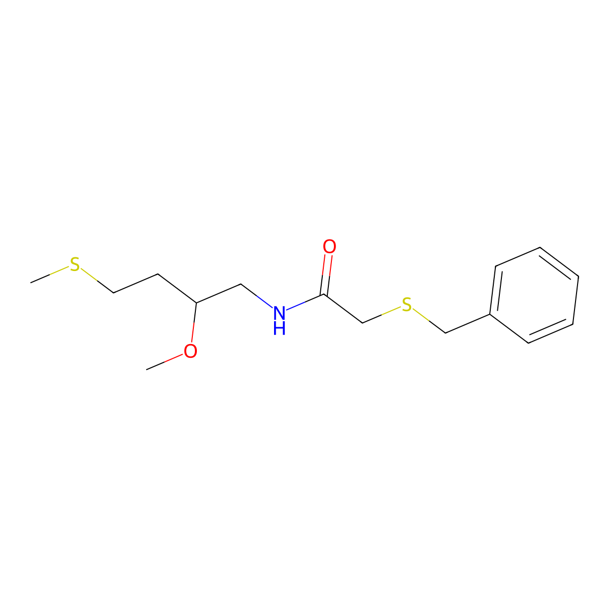 2-(benzylsulfanyl)-N-[2-methoxy-4-(methylsulfanyl)butyl]acetamide molecular structure, CAS 2415491-11-9