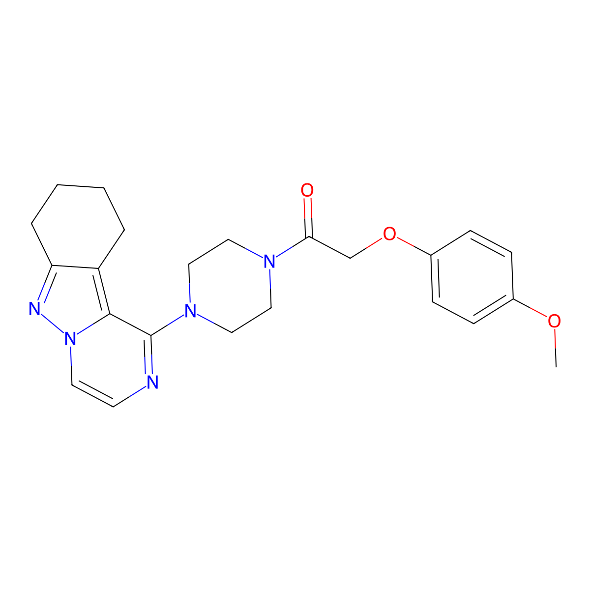 2-(4-Methoxyphenoxy)-1-[4-(7,8,9,10-tetrahydropyrazino[1,2-b]indazol-1-yl)piperazin-1-yl]ethanone molecular structure, CAS 2415491-24-4