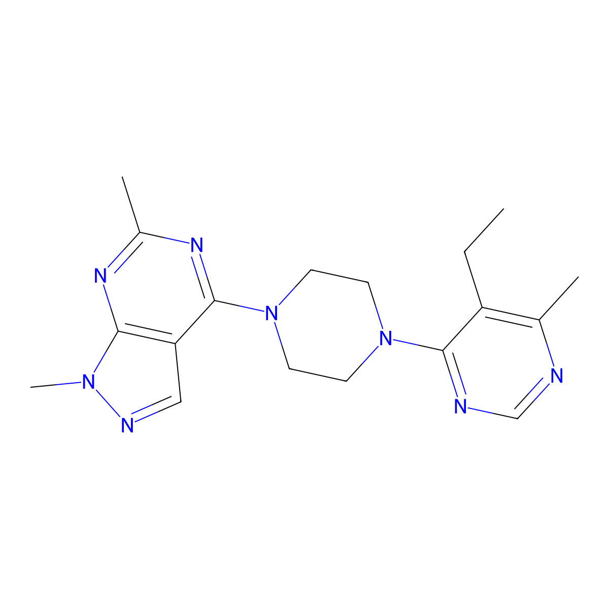 4-(4-{1,6-dimethyl-1H-pyrazolo[3,4-d]pyrimidin-4-yl}piperazin-1-yl)-5-ethyl-6-methylpyrimidine molecular structure, CAS 2415491-28-8