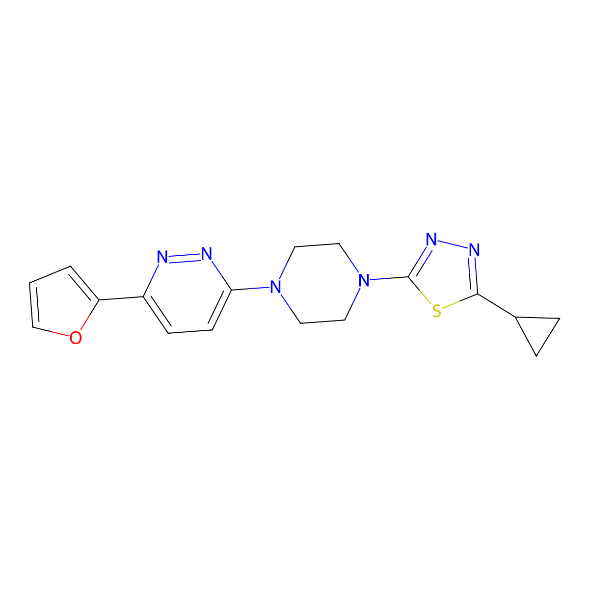 3-[4-(5-Cyclopropyl-1,3,4-thiadiazol-2-yl)piperazin-1-yl]-6-(furan-2-yl)pyridazine molecular structure, CAS 2415491-41-5