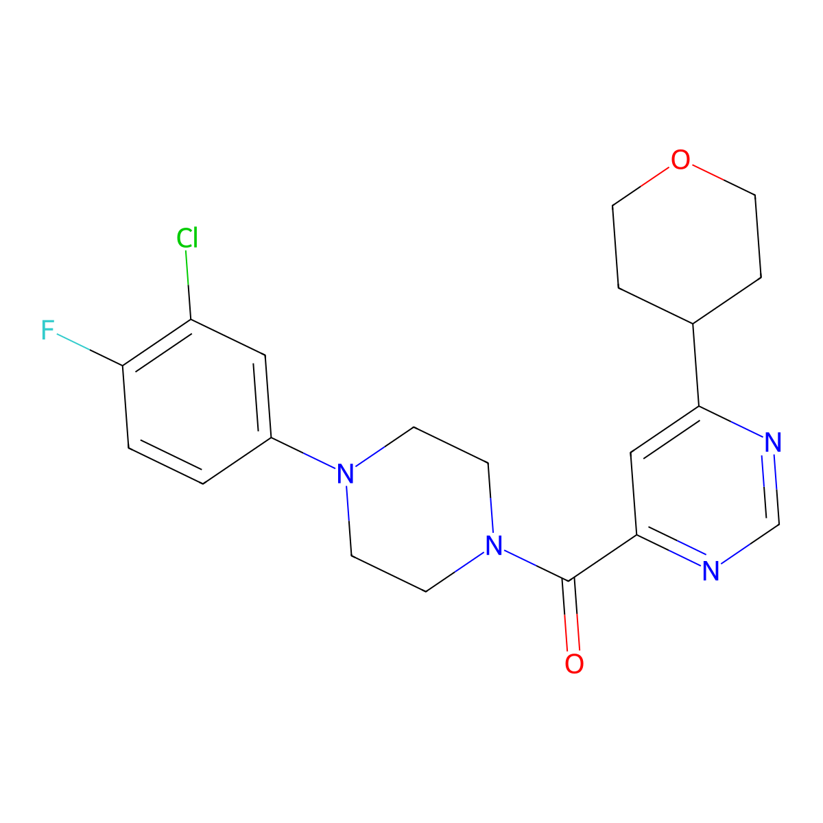 4-[4-(3-Chloro-4-fluorophenyl)piperazine-1-carbonyl]-6-(oxan-4-yl)pyrimidine molecular structure, CAS 2415491-49-3