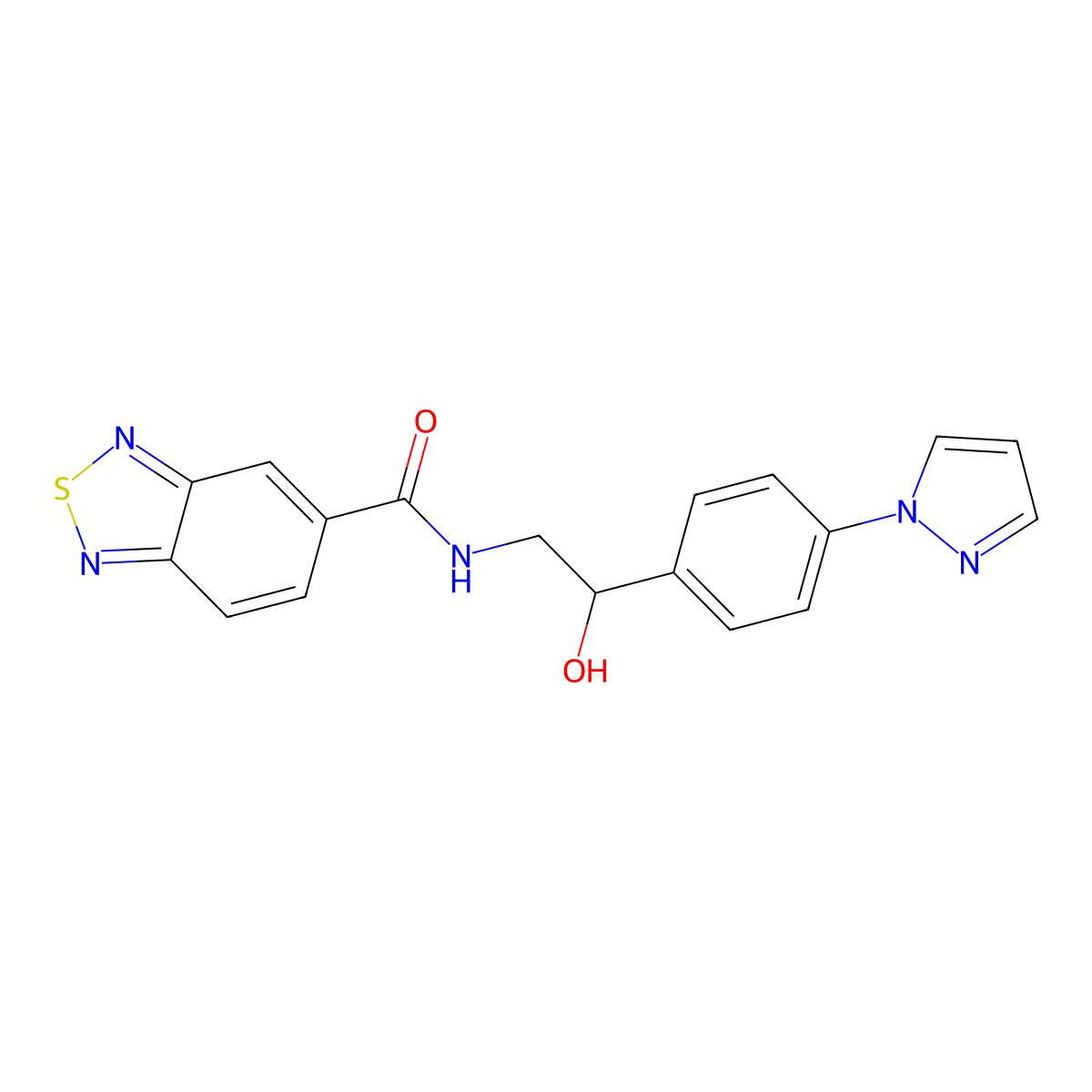 N-{2-hydroxy-2-[4-(1H-pyrazol-1-yl)phenyl]ethyl}-2,1,3-benzothiadiazole-5-carboxamide molecular structure, CAS 2415491-53-9