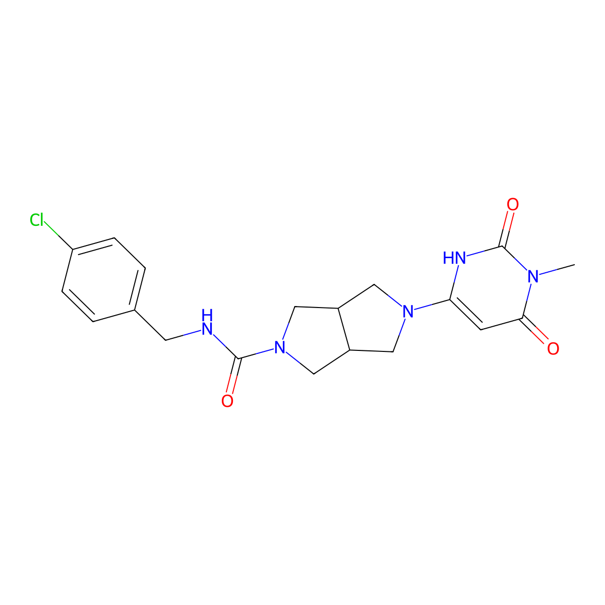 N-[(4-chlorophenyl)methyl]-5-(1-methyl-2,6-dioxo-1,2,3,6-tetrahydropyrimidin-4-yl)-octahydropyrrolo[3,4-c]pyrrole-2-carboxamide molecular structure, CAS 2415491-54-0