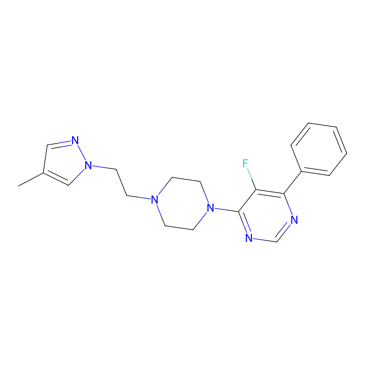 5-fluoro-4-{4-[2-(4-methyl-1H-pyrazol-1-yl)ethyl]piperazin-1-yl}-6-phenylpyrimidine molecular structure, CAS 2415491-64-2