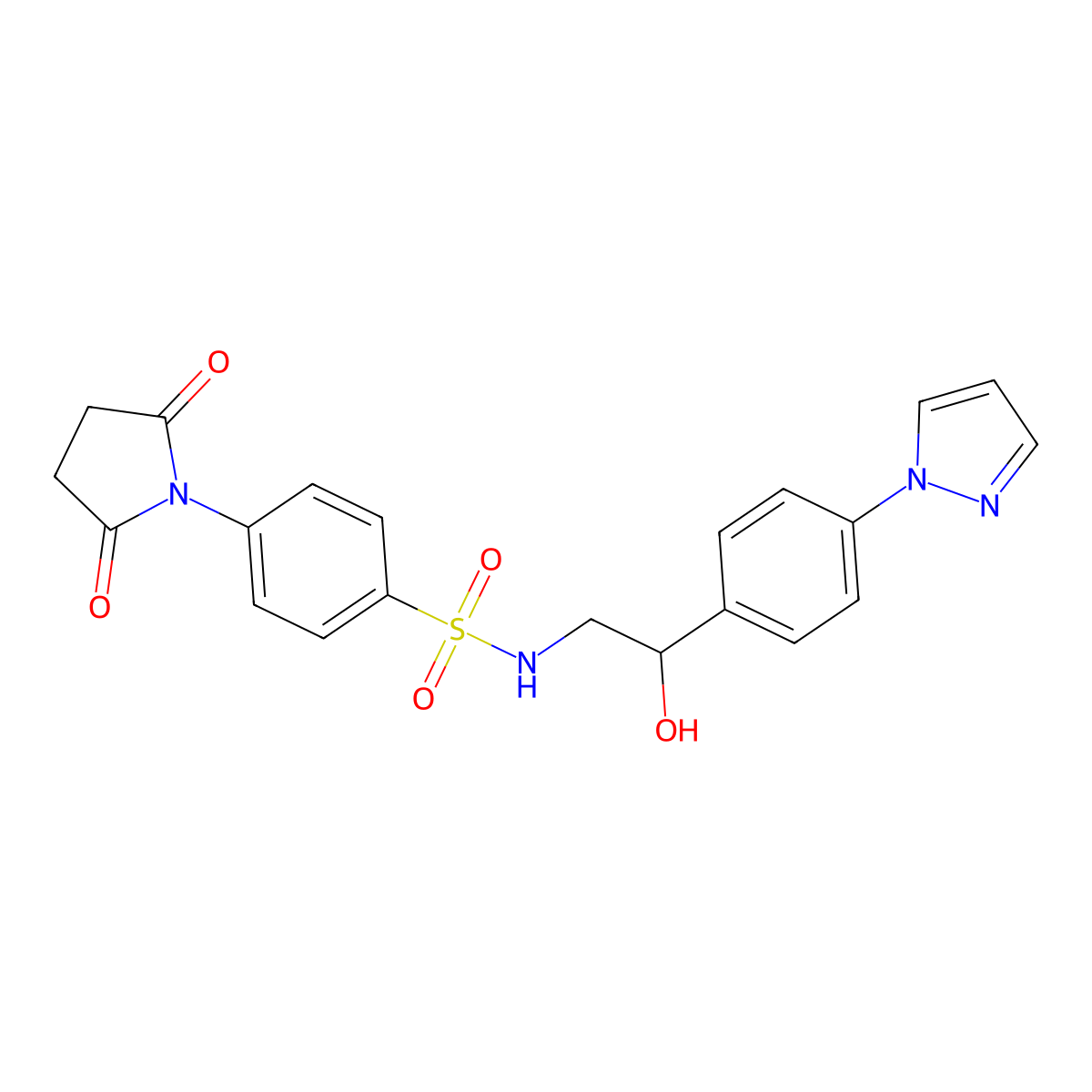 4-(2,5-dioxopyrrolidin-1-yl)-N-{2-hydroxy-2-[4-(1H-pyrazol-1-yl)phenyl]ethyl}benzene-1-sulfonamide molecular structure, CAS 2415491-69-7