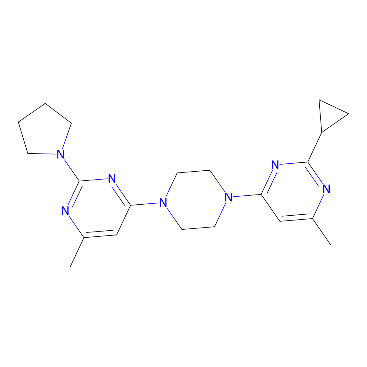 4-[4-(2-Cyclopropyl-6-methylpyrimidin-4-yl)piperazin-1-yl]-6-methyl-2-(pyrrolidin-1-yl)pyrimidine molecular structure, CAS 2415491-73-3