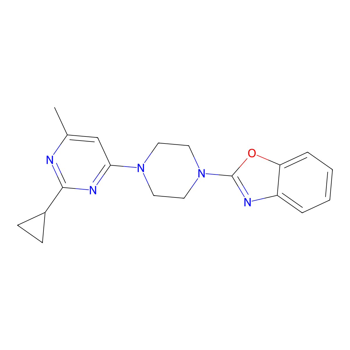 2-[4-(2-Cyclopropyl-6-methylpyrimidin-4-yl)piperazin-1-yl]-1,3-benzoxazole molecular structure, CAS 2415491-84-6