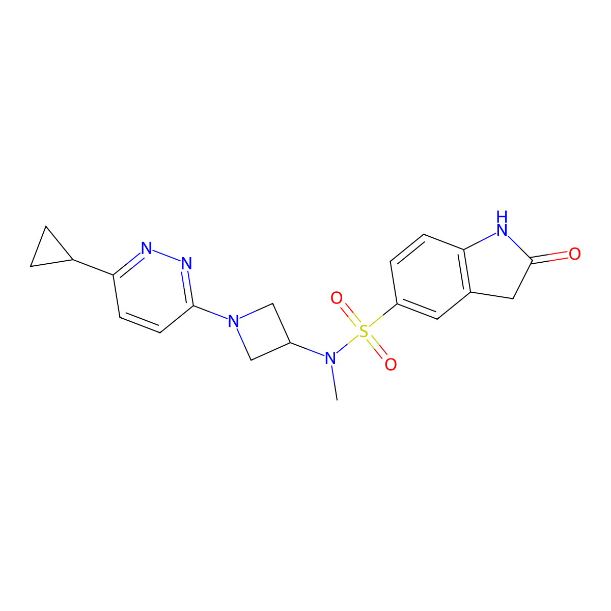 N-[1-(6-cyclopropylpyridazin-3-yl)azetidin-3-yl]-N-methyl-2-oxo-2,3-dihydro-1H-indole-5-sulfonamide molecular structure, CAS 2415491-85-7