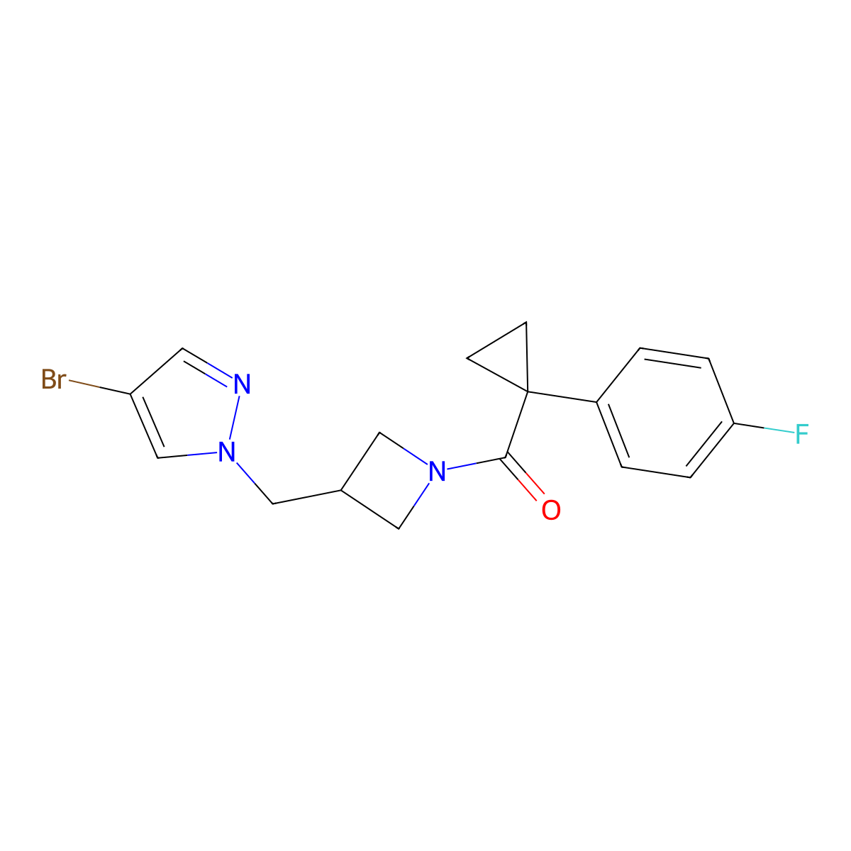 4-bromo-1-({1-[1-(4-fluorophenyl)cyclopropanecarbonyl]azetidin-3-yl}methyl)-1H-pyrazole molecular structure, CAS 2415491-87-9