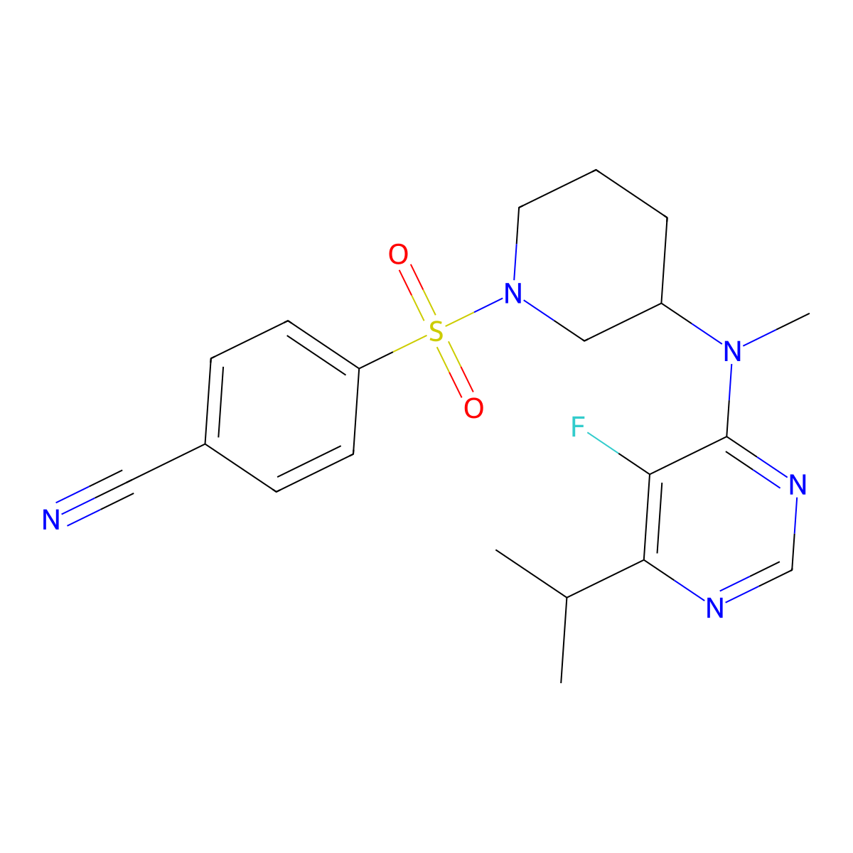 4-[3-[(5-Fluoro-6-propan-2-ylpyrimidin-4-yl)-methylamino]piperidin-1-yl]sulfonylbenzonitrile molecular structure, CAS 2415491-92-6