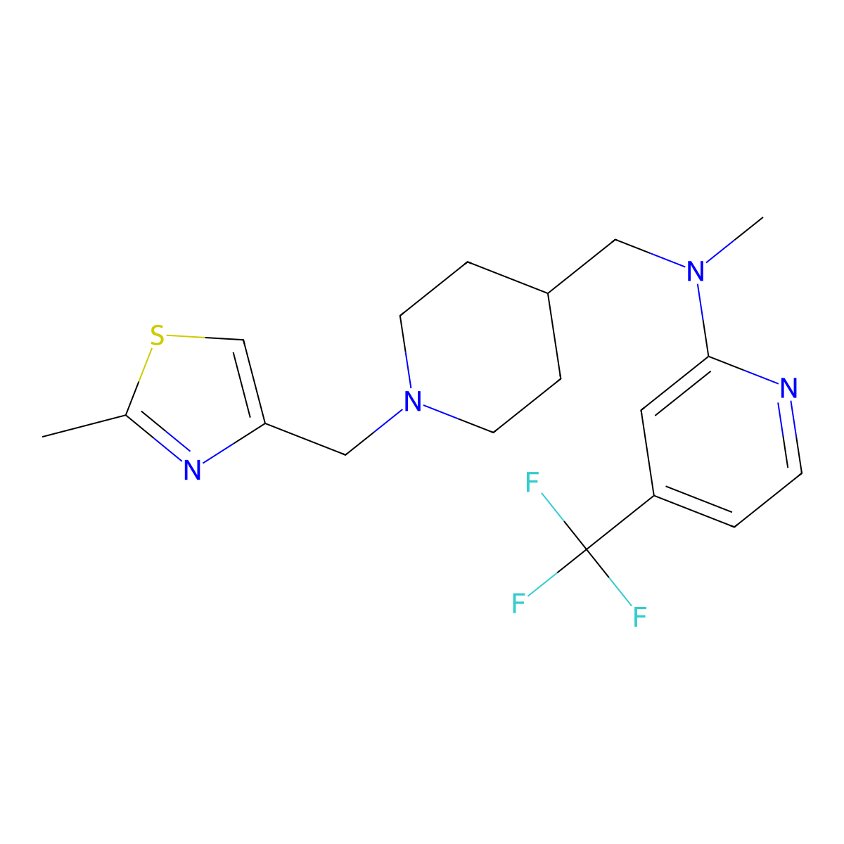 N-methyl-N-({1-[(2-methyl-1,3-thiazol-4-yl)methyl]piperidin-4-yl}methyl)-4-(trifluoromethyl)pyridin-2-amine molecular structure, CAS 2415491-95-9