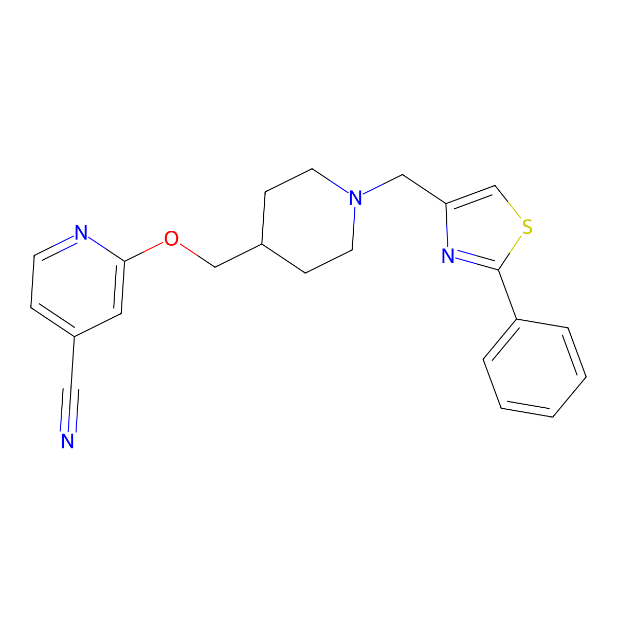 2-({1-[(2-Phenyl-1,3-thiazol-4-yl)methyl]piperidin-4-yl}methoxy)pyridine-4-carbonitrile molecular structure, CAS 2415492-03-2