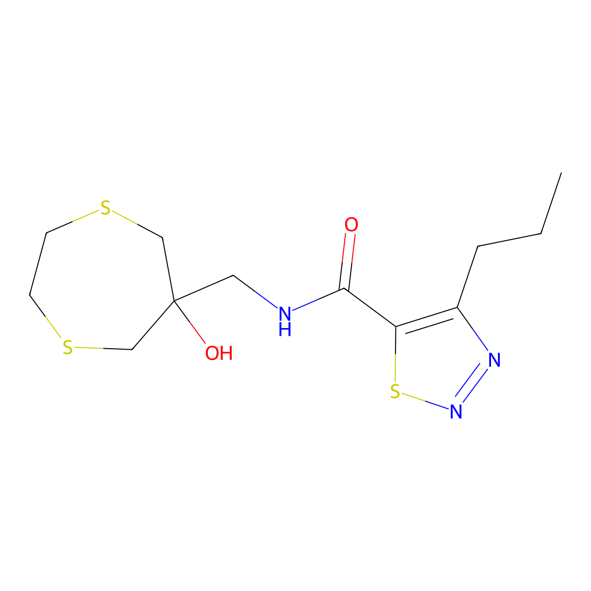 N-[(6-hydroxy-1,4-dithiepan-6-yl)methyl]-4-propyl-1,2,3-thiadiazole-5-carboxamide molecular structure, CAS 2415492-05-4